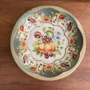 Daher 1971 Vintage 10in Round Tin Metal Bowl Floral Fruit Multicolor Metallic